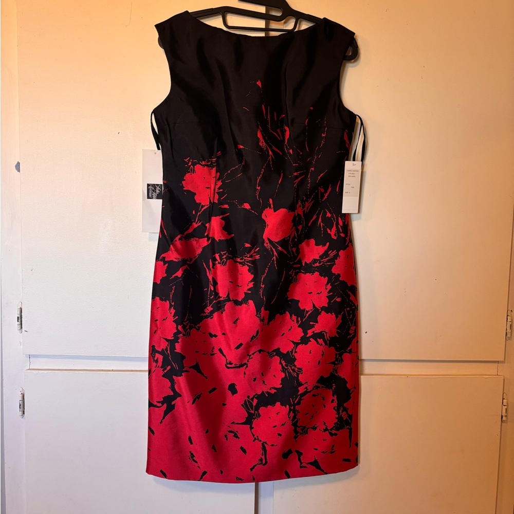 Teri Jon by Rickie Freeman abstract floral black and red sheath dress